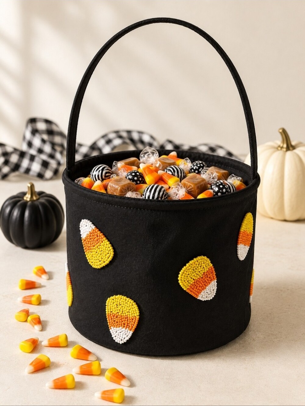 Mud Pie Candy Corn Beaded Halloween Trick or Treat Bucket NWT